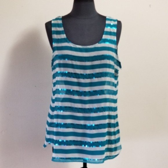Loft Teal Striped Sequin Sheer Layering Tank Top Medium - Picture 2 of 8